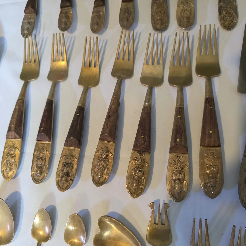 Vintage Siam Bronze Wood Flatware Set 28pc Thai Deity Brass Mid Century Modern‎